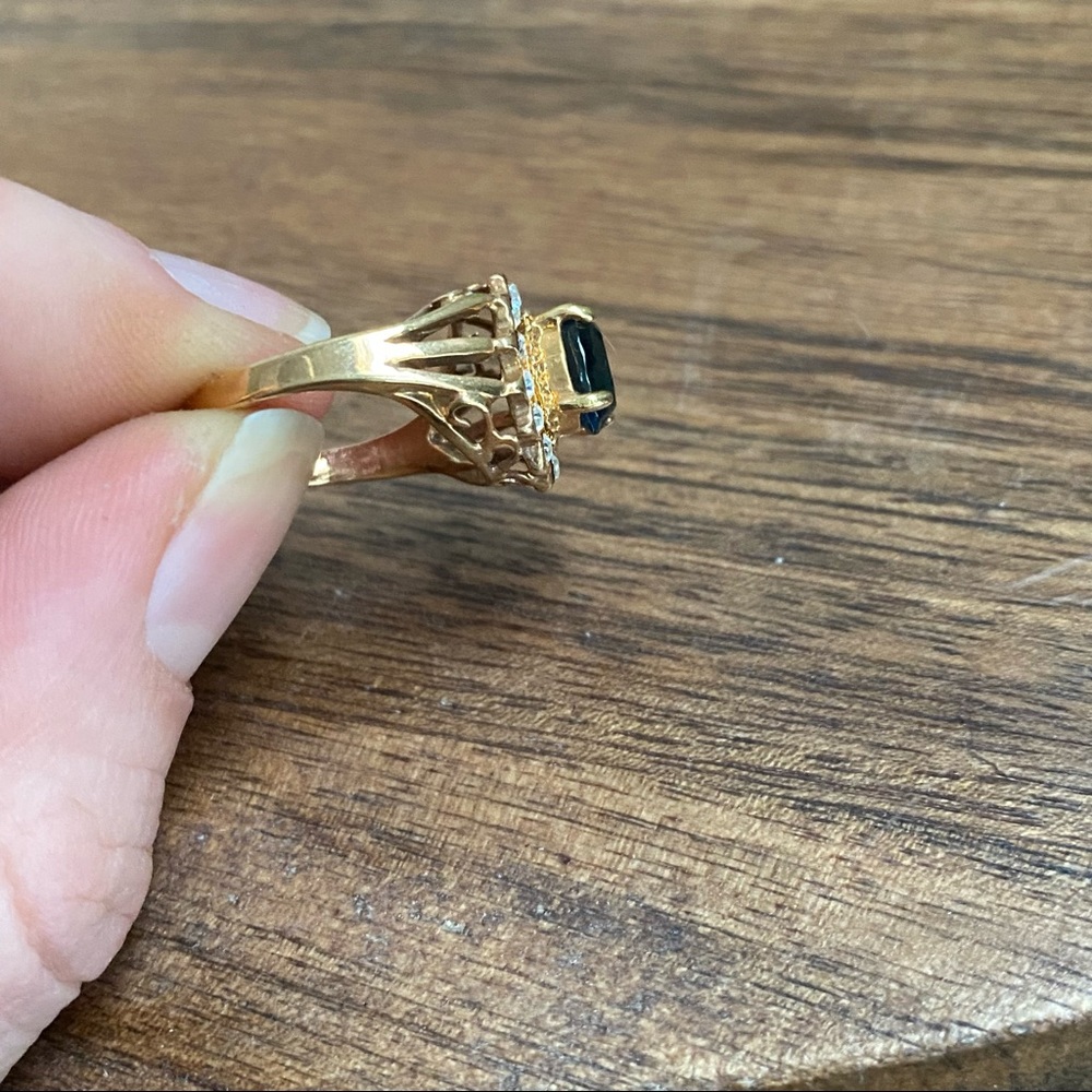 14k Yellow Gold Plated Blue & Clear Stone Flower Ring - Picture 6 of 15